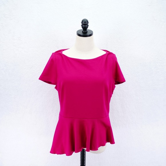 Tahari Tops - Tahari -Large-‎ Hot Pink Peplum Top Blouse Boat Neck Short Sleeve Waist Flare